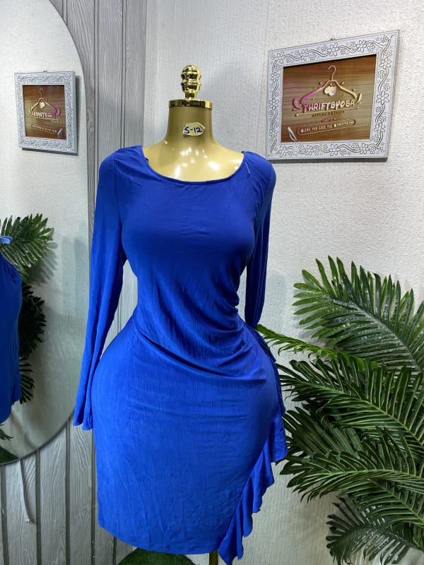 Royal Blue Long Sleeve Ruched Ruffle Mini Dress