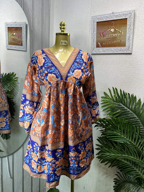 Boho Floral V-Neck Smock Dress - Rust & Royal Blue