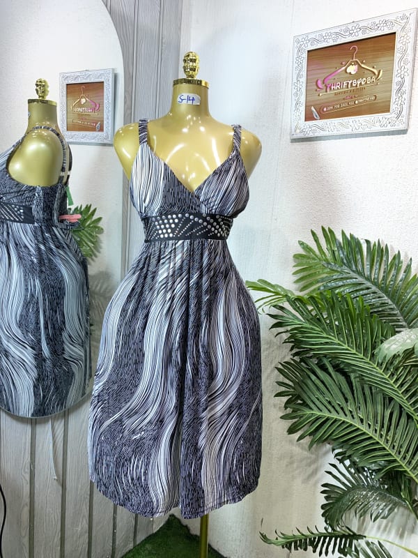 Striped V-Neck Sleeveless Dress with Embellished Waistband