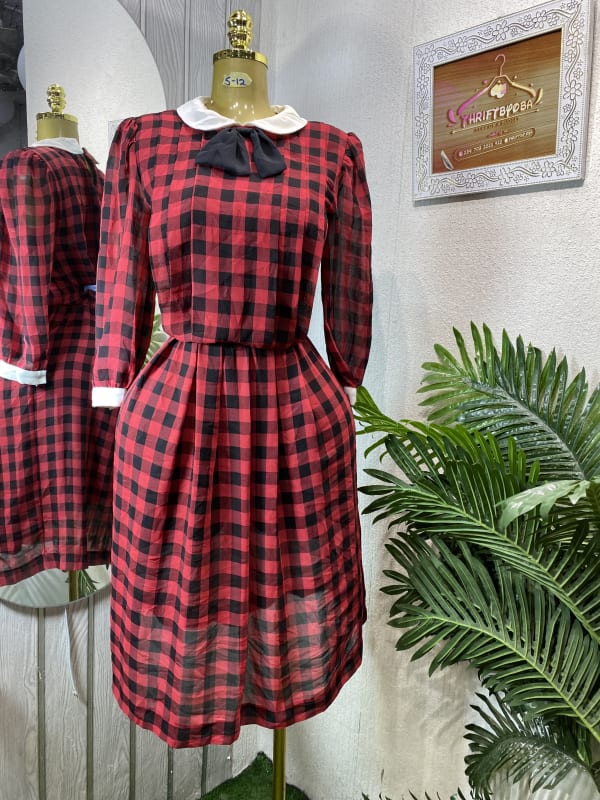 Red & Black Buffalo Plaid Peter Pan Collar Dress with Bow