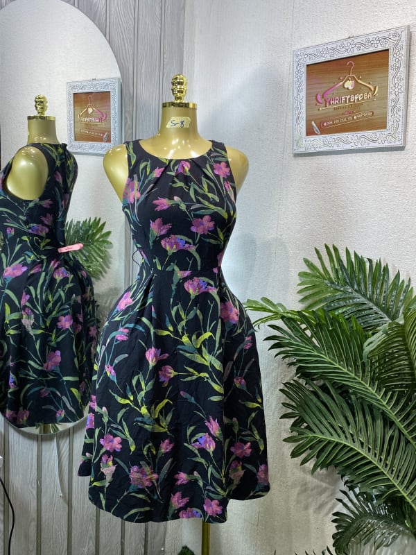 Black Floral Print Sleeveless Fit & Flare Dress