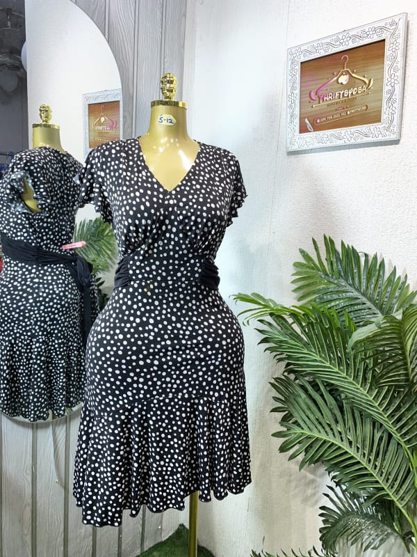 Polka Dot V-Neck Flared Dress with Belt