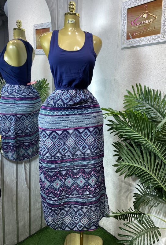 Navy Sleeveless Maxi Dress with Geometric Print