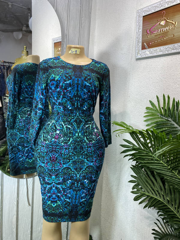 Teal Blue Ornate Pattern Long Sleeve Bodycon Dress