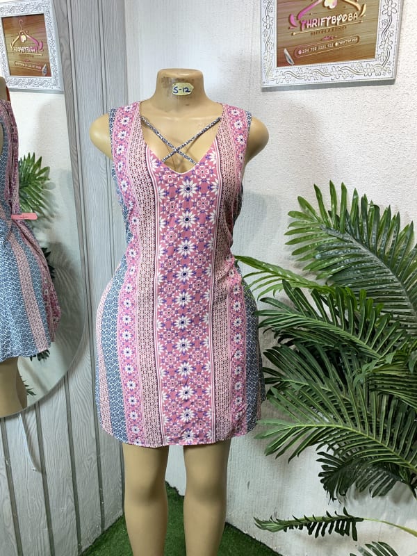 Pink Floral Criss-Cross Neck Sleeveless Mini Dress