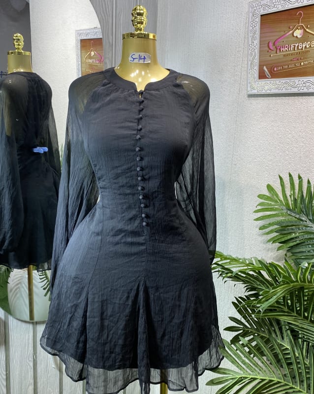 Elegant Black Chiffon Flare Dress with Button Detail