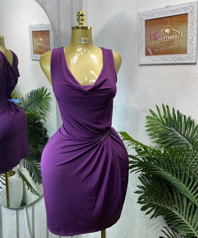 Elegant Purple Cowl Neck Ruched Chain Detail Mini Dress