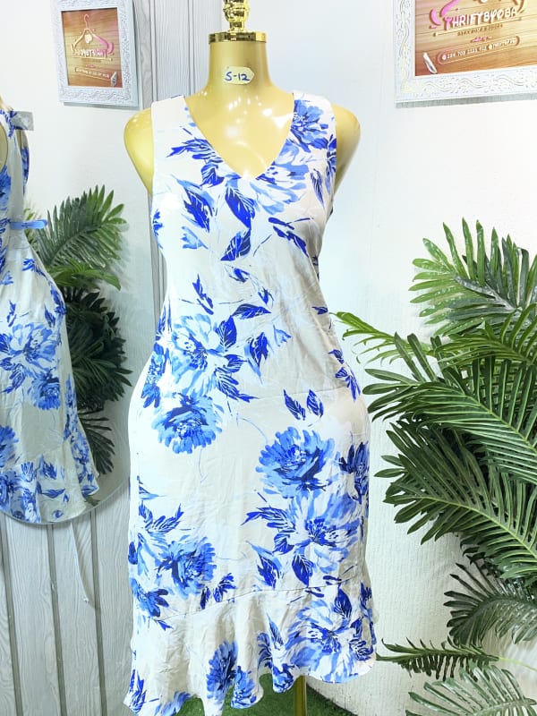 Women's Blue Floral V-Neck Ruffle Hem Summer Dress