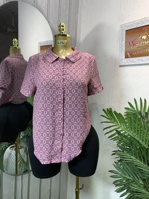 Vintage Pink Oval Patterned Collared Button-Up Shirt