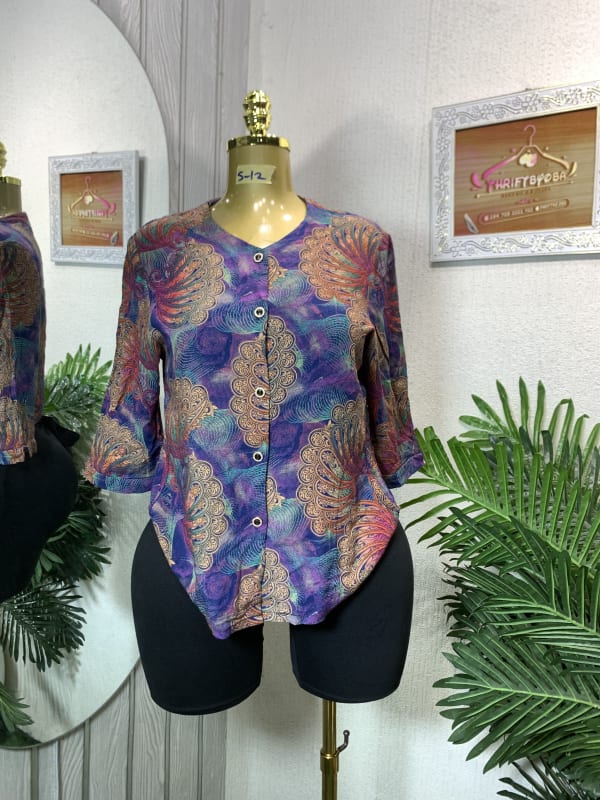 V-Neck Paisley Print Button-Up Blouse