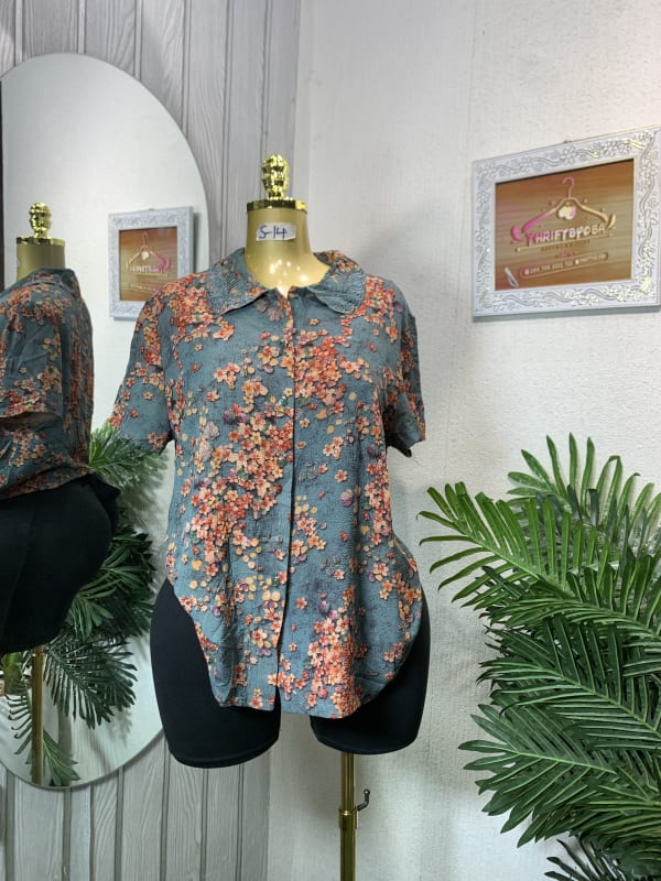 Teal Floral Button-Up Blouse - Short Sleeve & Relaxed Fit