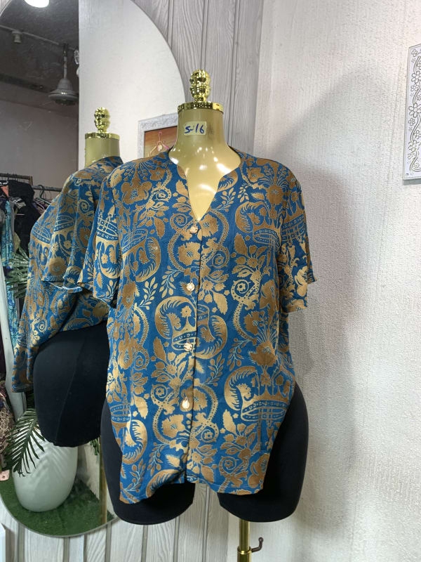 Blue Gold Ornate Print Short Sleeve Blouse