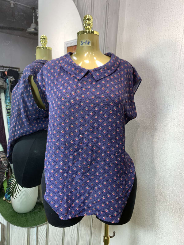 Navy Floral Cap Sleeve Blouse with Peter Pan Collar