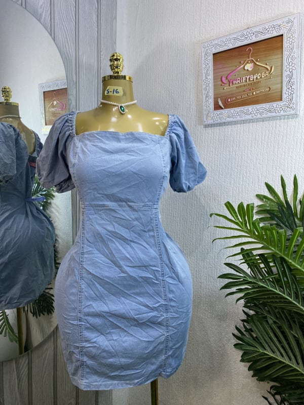 Light Wash Denim Square Neck Puff Sleeve Mini Dress