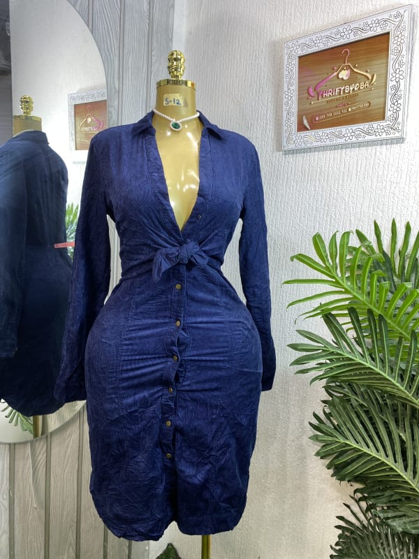 Women's Navy Blue Textured Tie-Front Button-Up Shirt Dress