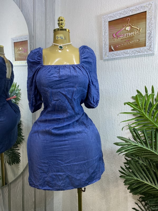 Blue Puff Sleeve Square Neck Mini Dress