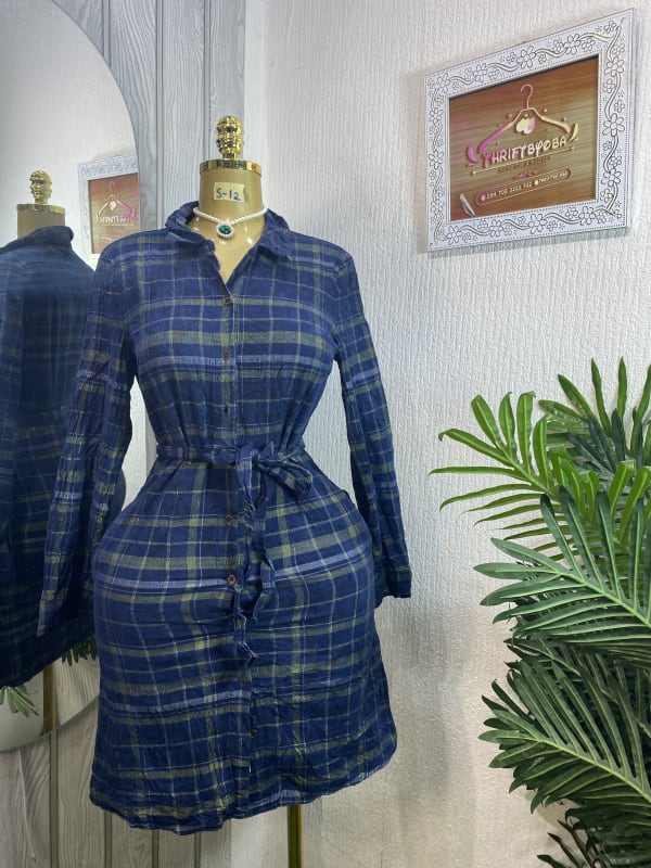 Navy Blue Plaid Shirt Dress with Belt