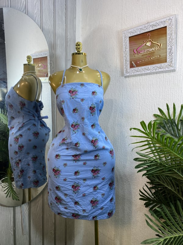 Sky Blue Floral Print Spaghetti Strap Mini Dress