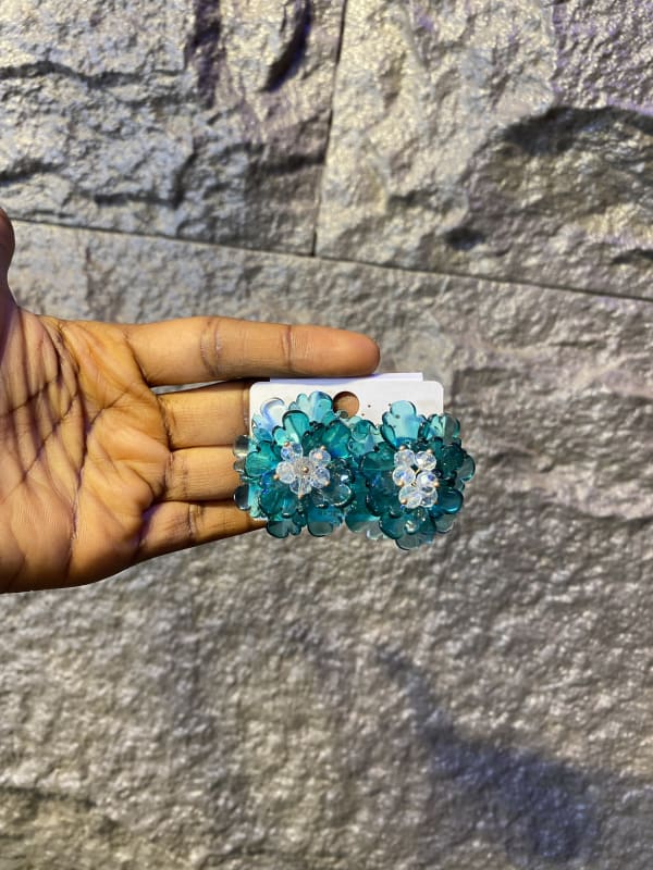 Teal Beaded Flower Cluster Stud Earrings
