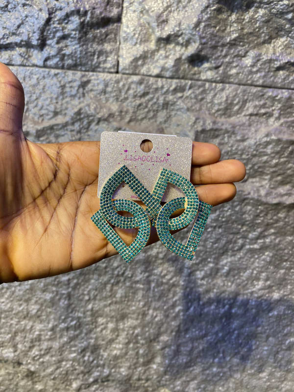 Sparkling Teal Geometric Drop Earrings with Rhinestones
