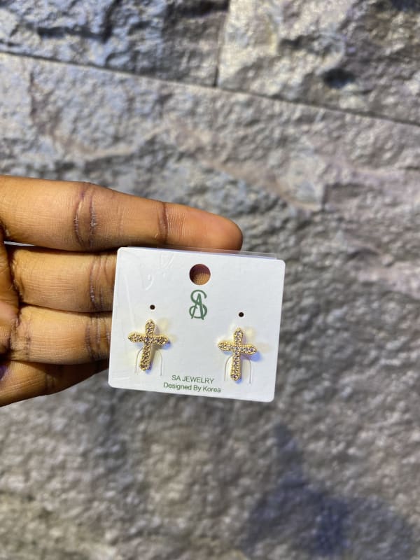 SA Jewelry Gold Crystal Cross Stud Earrings