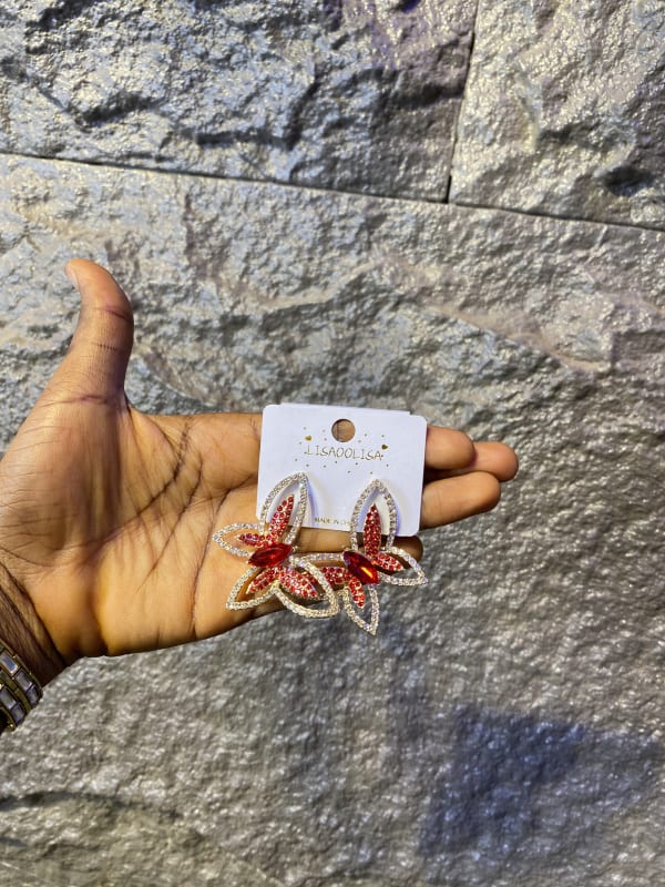 Red Crystal Flower Dangle Earrings