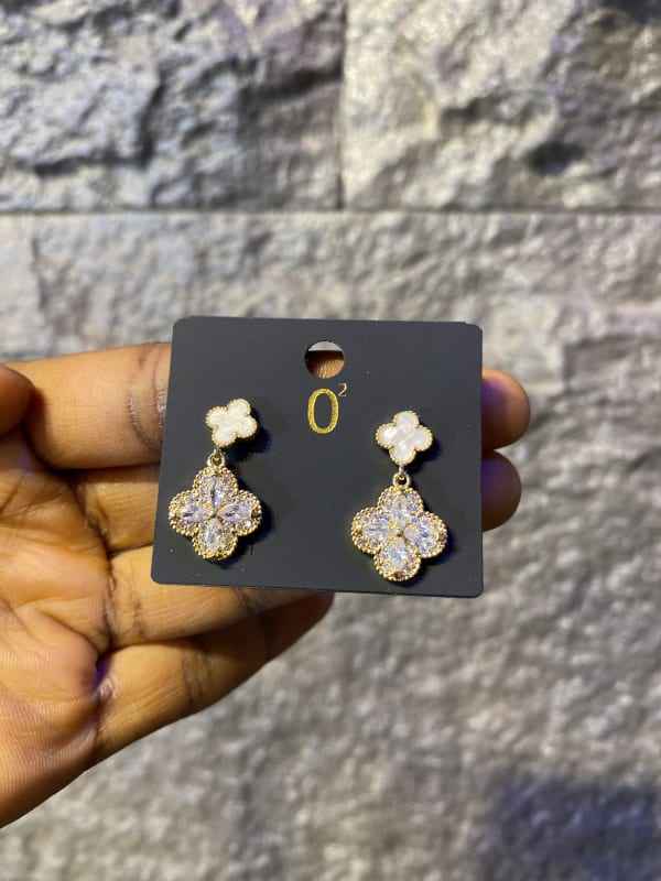 Dainty Clover Dangle Earrings with Crystals - Gold Tone