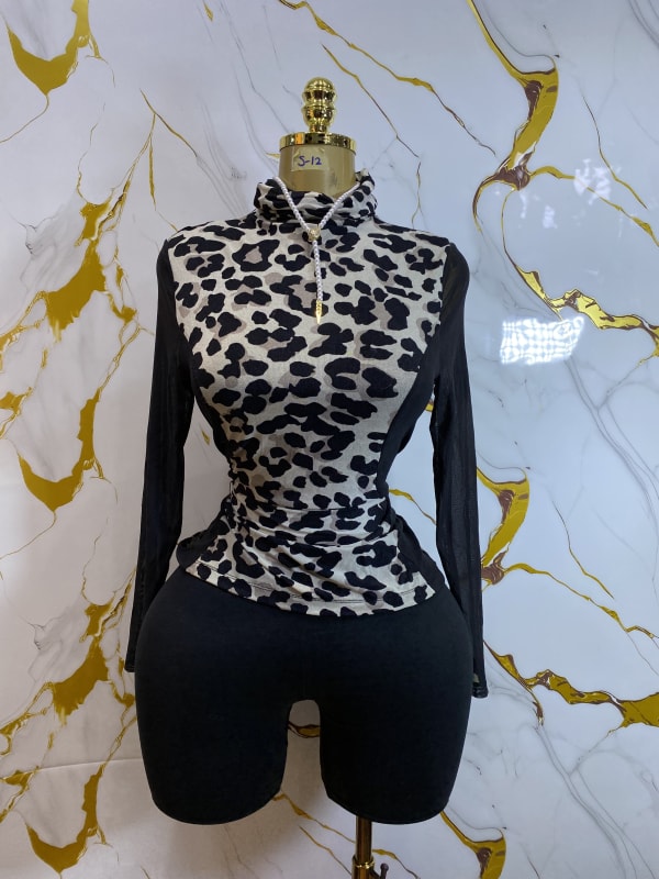 Leopard Print High Neck Long Sleeve Fitted Top