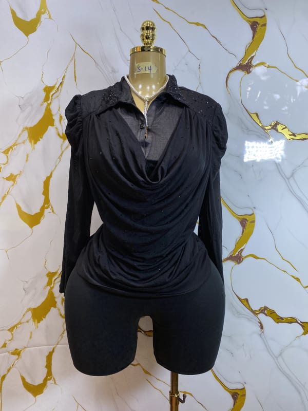 Black Ruched Draped Shirt & Bike Shorts Set