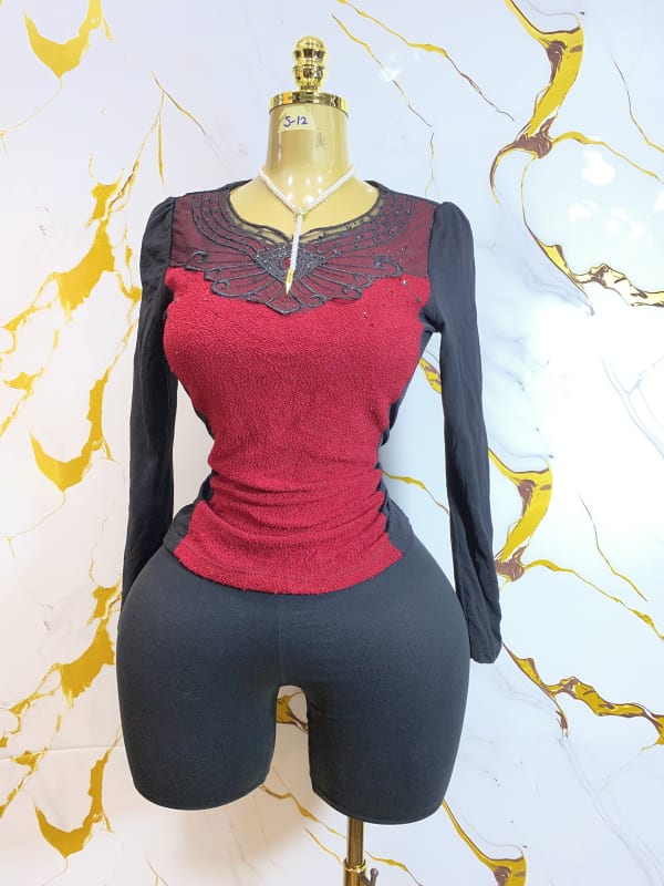 Women's Black & Red Long Sleeve Top with Embellished Neckline