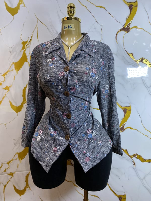 Chic Grey Floral Asymmetric Hem Long Sleeve Blouse