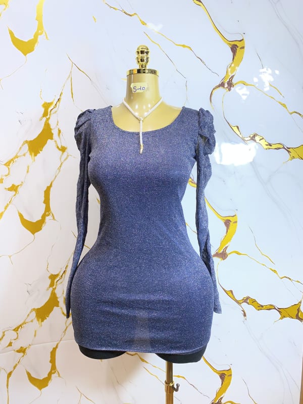 Women's Shimmer Blue Long Sleeve Bodycon Dress
