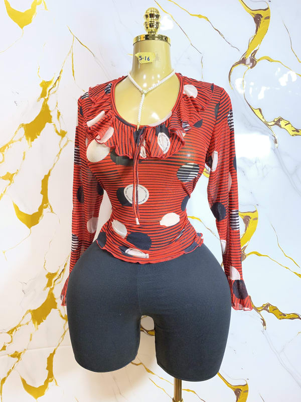 Red Polka Dot Ruffle Top - Women's Long Sleeve Blouse