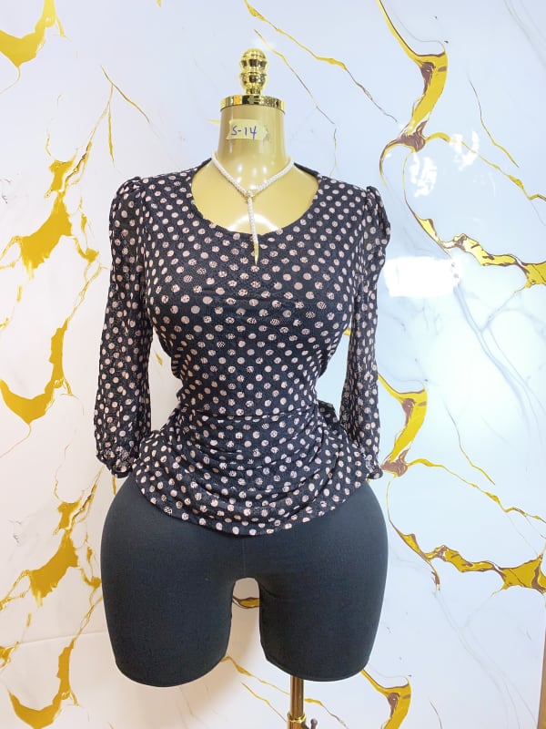 Women's Black Polka Dot Ruched Long Sleeve Blouse