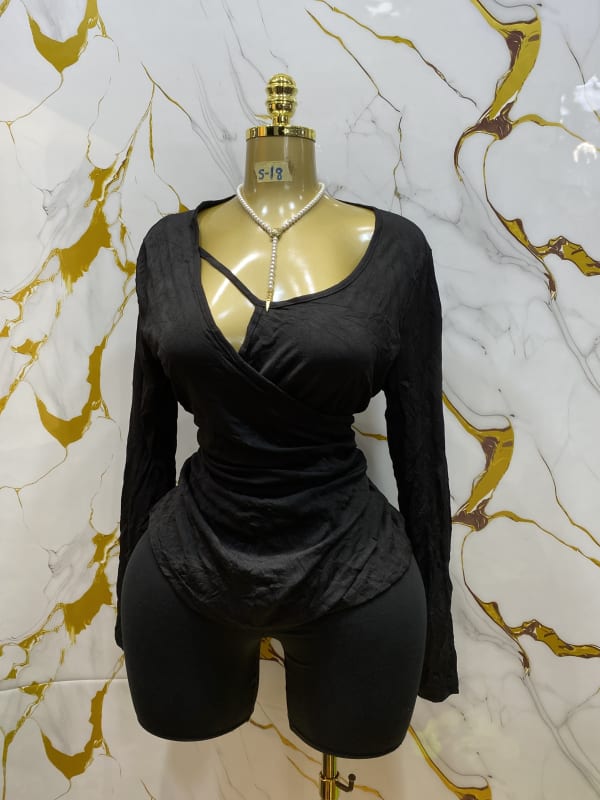 Chic Black Faux Wrap Long Sleeve Top & Biker Shorts Set