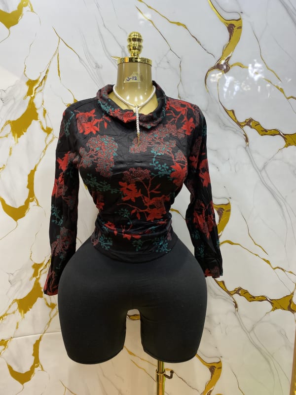 Black Floral Print Cowl Neck Long Sleeve Blouse