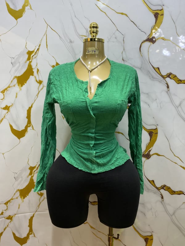 Chic Green Ruched Button-Up Blouse