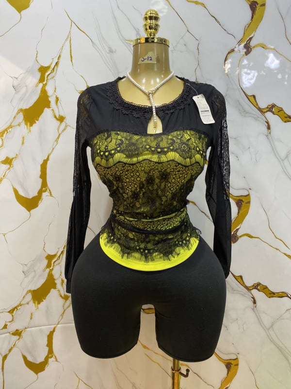 Chic Black & Lime Green Lace Fitted Long Sleeve Top