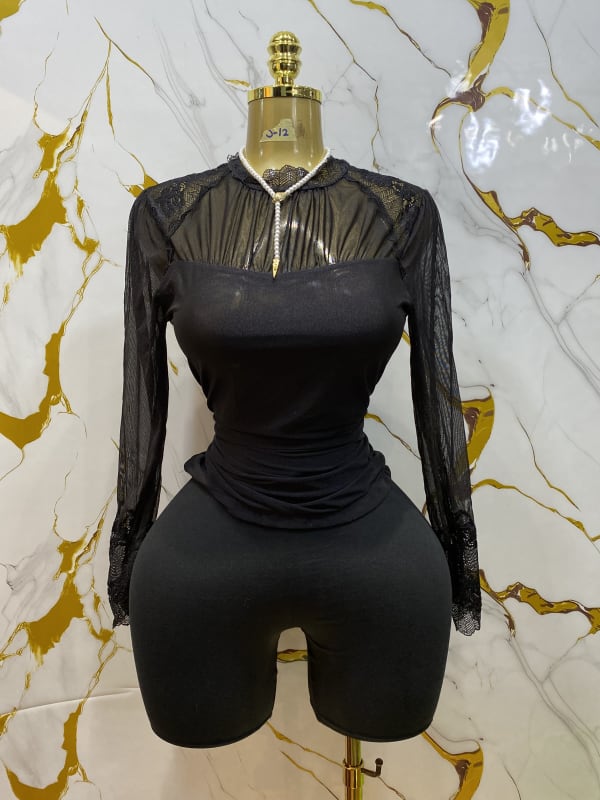 Women's Black Sheer Mesh Lace Long Sleeve Top