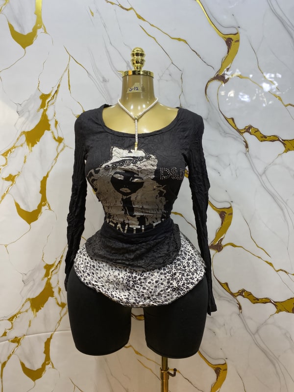 Women's Graphic Print Long Sleeve Top with Layered Skirt