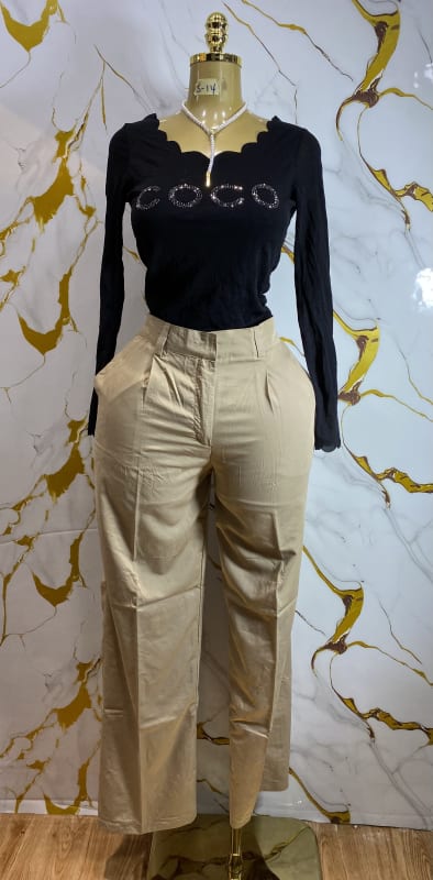 Elegant Black "COCO" Top & Khaki Pleated Trousers Set