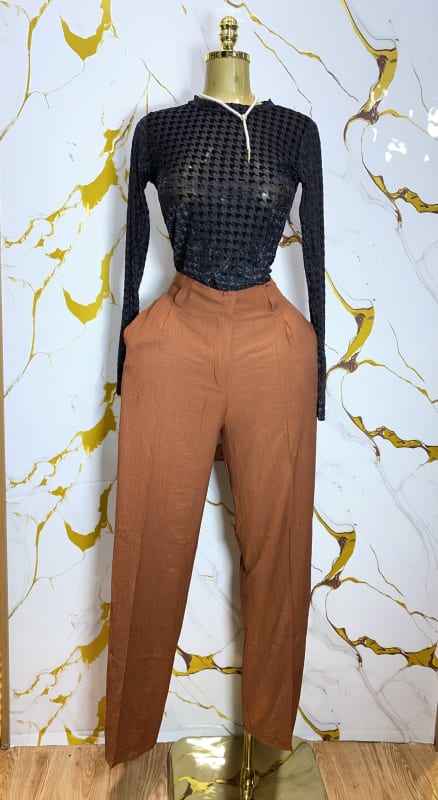 Women's Textured Long Sleeve Mesh Top & Brown Wide-Leg Pants Set