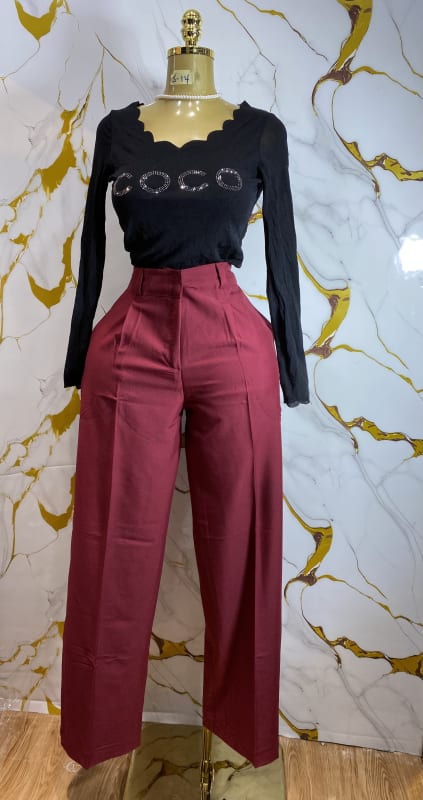 Chic Wide-Leg High-Waisted Pants - Burgundy