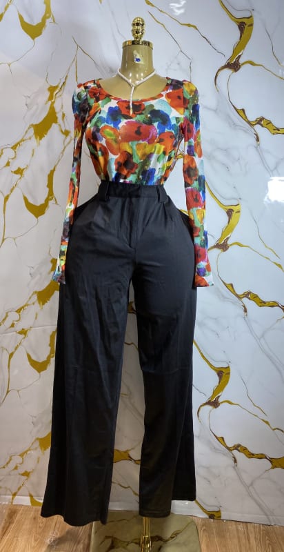 Floral Print Top & Black Wide-Leg Pants Set