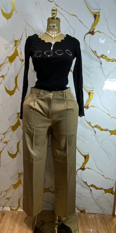 Women's Black Long Sleeve Top & Khaki Wide Leg Pants Set