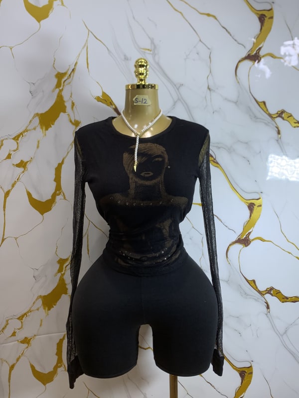 Black Graphic Print Sheer Mesh Long Sleeve Top