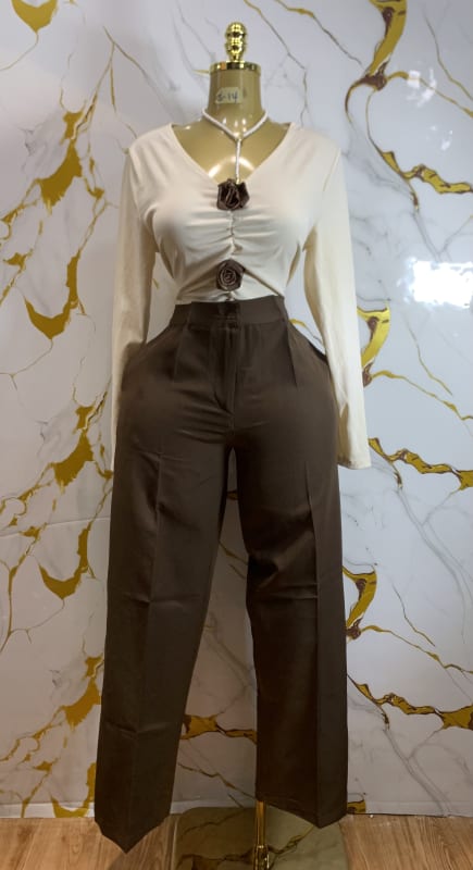 Chic V-Neck Ruched Top & Wide-Leg Trousers Set