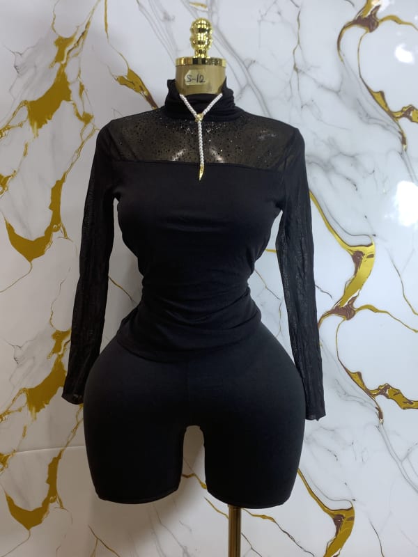 Black Mesh Turtleneck Bodysuit & Biker Shorts Set