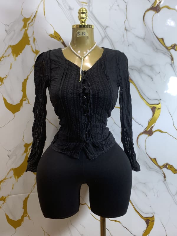 Black Textured Long Sleeve V-Neck Button Blouse