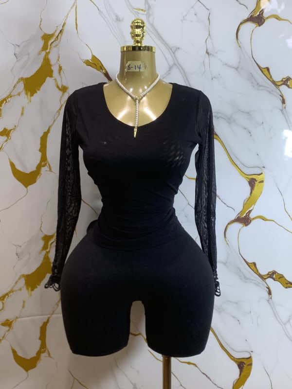Women's Black Mesh Long Sleeve Bodysuit Shorts Jumpsuit